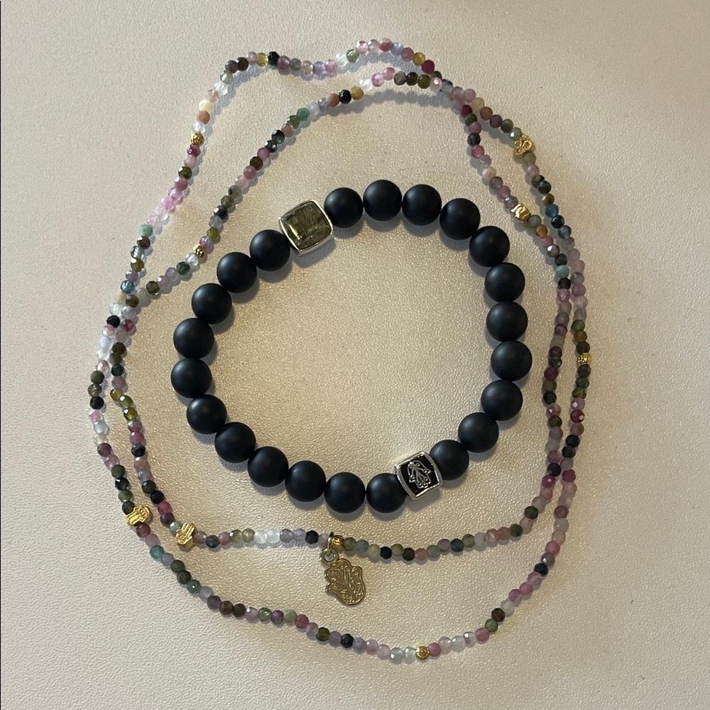 Karma and Luck Hamsa Charm Tourmaline Necklace Matte Onyx Protection Bracelet